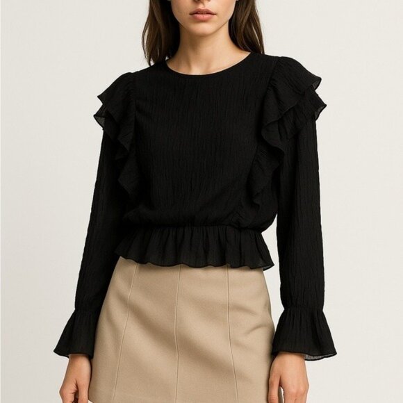 Zara Black Ruffle Peplum Blouse Women’s Small Romantic Long Sleeve - Picture 1 of 9